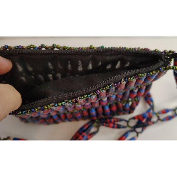 Handmade Rolled Paper Glass Bead Purse, Crossbody Torsade Africa, Red Black Blue - Picture 4 of 4